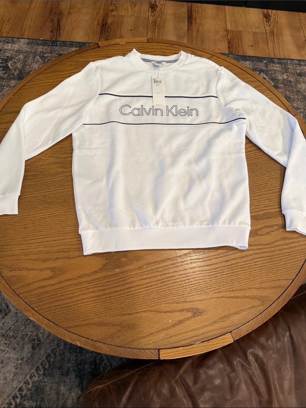 Calvin Klein White Crewneck Sweatshirt with Navy Trim and Logo